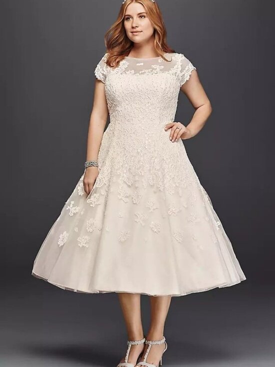 Oleg Cassini Dresses & Skirts - Oleg Cassini Cap Sleeve Illusion Neck Tea-Length Wedding Dress Ivory 16W NWT